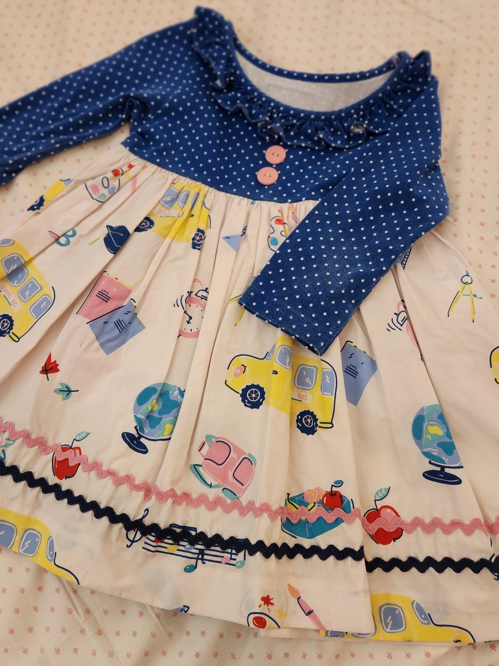 Eleanor Rose Girls Navy Polka Dot Top with Cream School-Print Skirt Dress 3-4